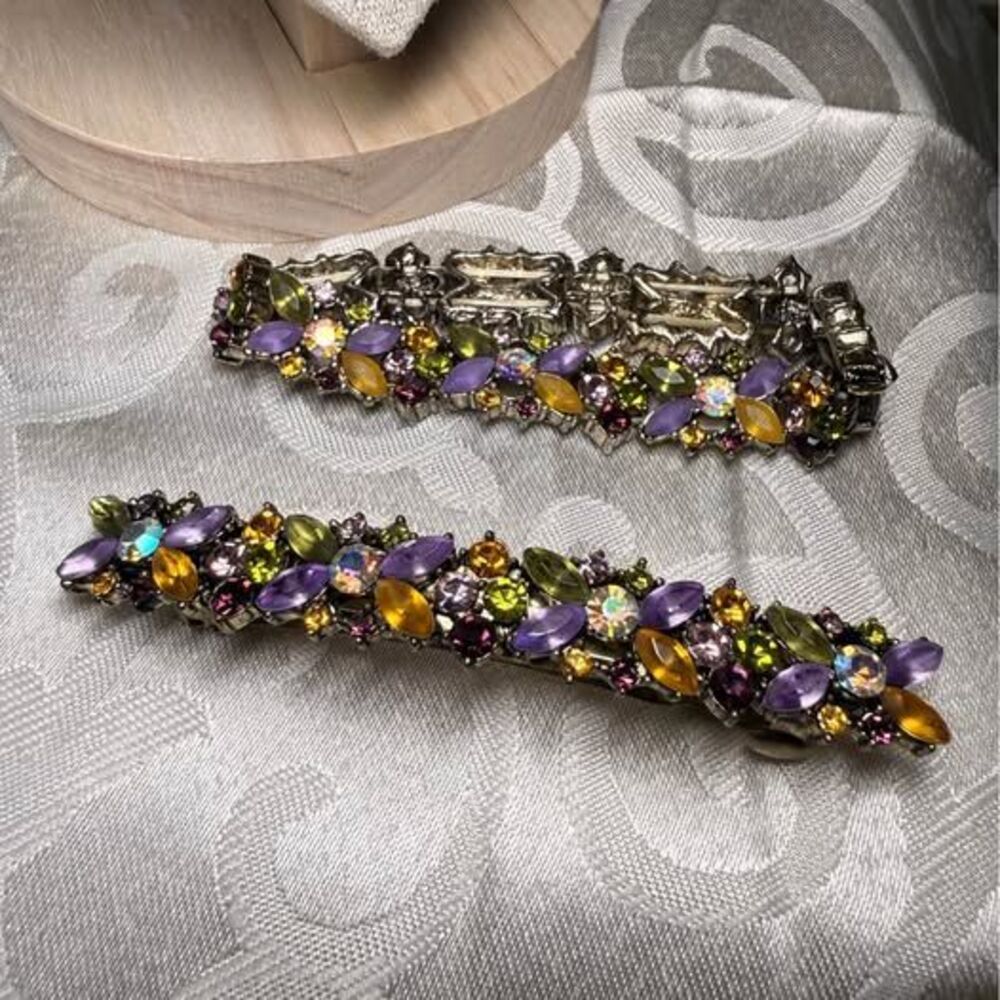Multicolor Rhinestone Stretch Bracelet & Hair Barrette Set Purple Green Amber